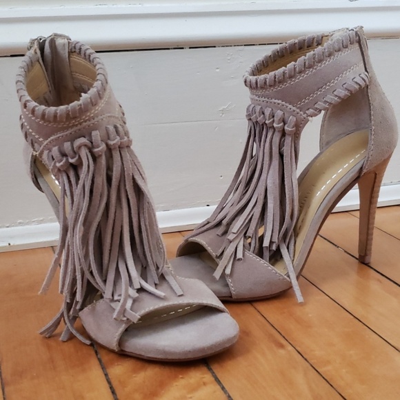 Chinese Laundry Shoes - Tan Suede Fringe Heeled Sandals by Chinese Laundry